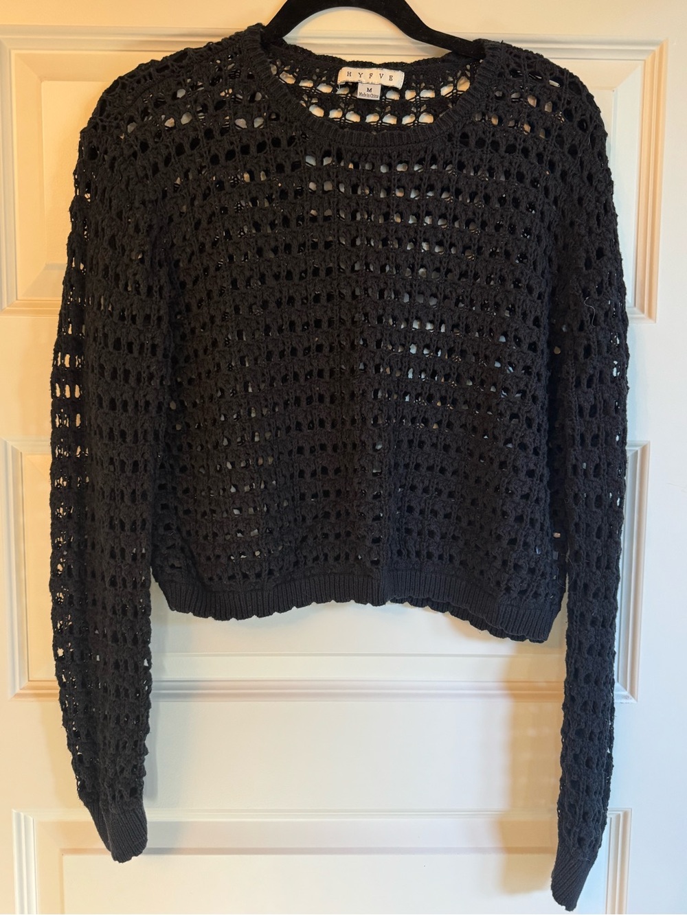 HYFVE Black Open Crochet Crewneck Sweater